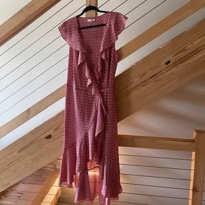 Red and White Patterned Wrap Flowy Dress